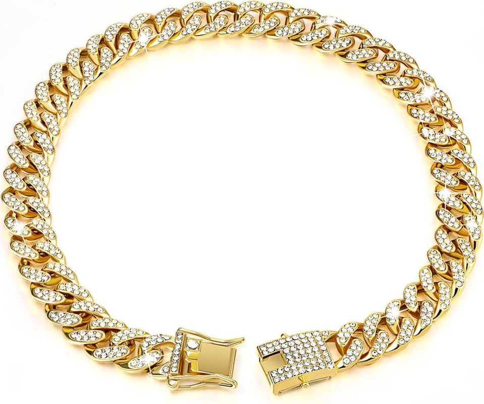 Dog Chain Diamond Collar Walking Metal Chain Necklace with Secure Buckle Pet Cuban Style Collar Jewelry Accessories for Small Medium Large Dog Cats